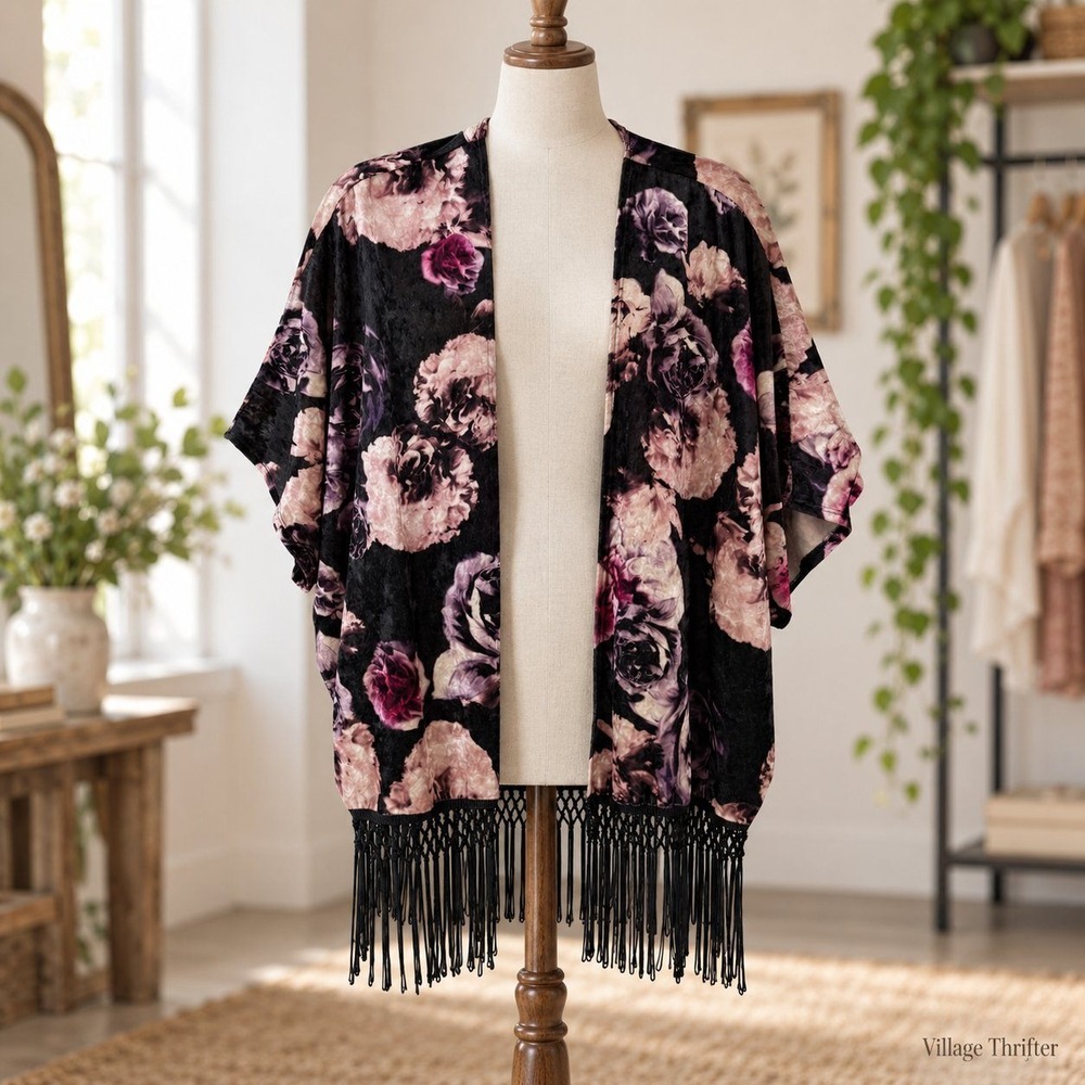 Y2K 90s Wet Seal Cardigan Top Womens OS Black Floral Velvet Fringe Whimsigoth